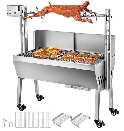 25W W Baffle 132LBS Electric Roaster Grill 2 in 1 BBQ Rotisserie Grill W/ Lockable Wheels for Roasting Sheep, Turkey, Beef, Fish