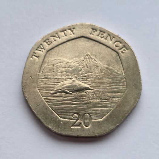 Gibraltar 20 pence Coin Dolphins Rare CA