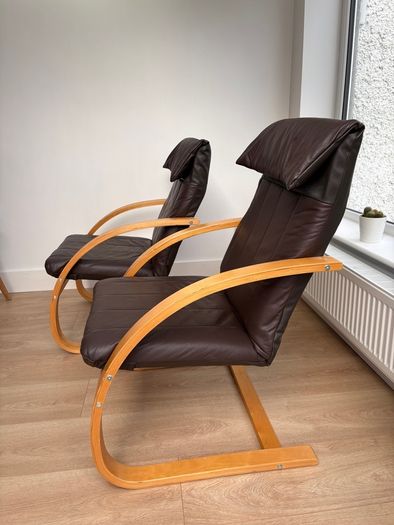 Set of 2 Brown leather and wood Bent Wood Easy Chairs and matching footstools