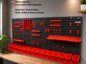 Wall Mounted Storage Bins and Tool Organizer 30 Bin Garage Parts Rack with Wall Panels, Hooks & Tool Holders