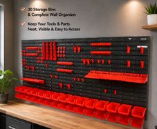 Wall Mounted Storage Bins and Tool Organizer 30 Bin Garage Parts Rack with Wall Panels, Hooks & Tool Holders