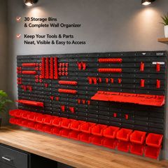 Wall Mounted Storage Bins and Tool Organizer 30 Bin Garage Parts Rack with Wall Panels, Hooks & Tool Holders