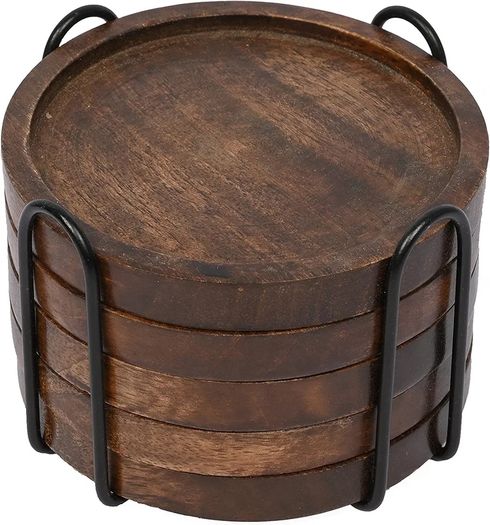 Mango Wood Coasters for Drinks with Iron Holder Stand Set of 5 for Drinking Glasses, Tabletop Protection for Any Table Type