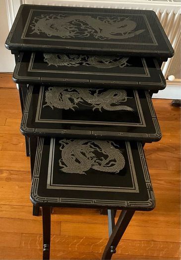 Vintage Oriental Set of 4 Black Lacquered Nest of Tables
