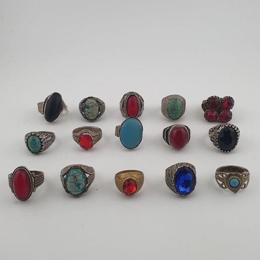 15 Rustic Brass Rings Mixed Traditional Glass & Stone Ring Collection