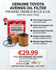 Genuine Toyota Avensis D-4D 2.0 2.2 Diesel Oil Filter 04152-YZZA5 OEM