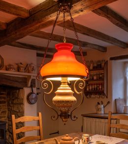Large old ceramic and orange glass Cooley lamp