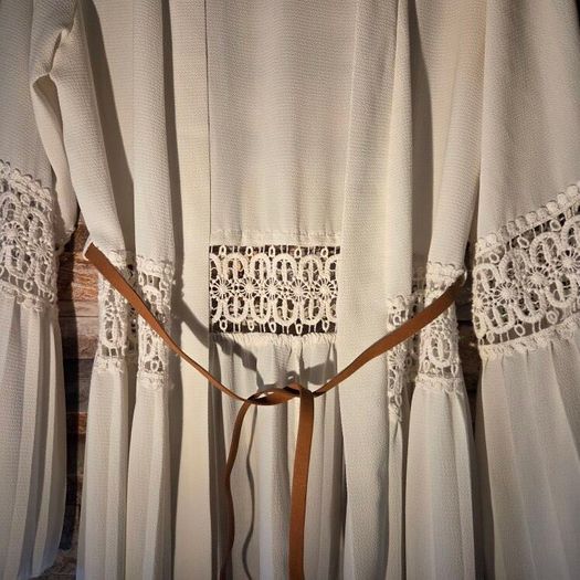 White crochet and pleated beach cover-up dress with a brown belt. Size 10