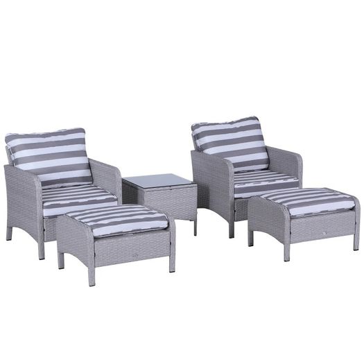 5 Pcs PE Rattan Garden Furniture Set, 2 Armchairs 2 Stools Glass Top Table Cushions Wicker Weave Chairs Outdoor Seating