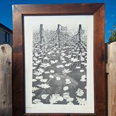 Large Framed M.C. Escher Three Worlds Vintage Print Custom Artisan Wood Frame 63.5cm x 83.4cm