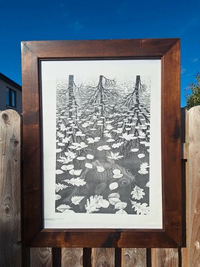 Large Framed M.C. Escher Three Worlds Vintage Print Custom Artisan Wood Frame 63.5cm x 83.4cm