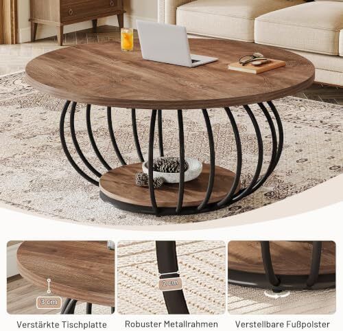 Round Coffee Table with Storage 2-Tier Metal Frame 100 x 100 x 46 cm Wood Grain