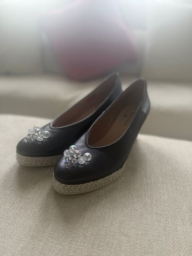 Cinders by Jose Saenz Leather Wedge Espadrilles Navy Size 40