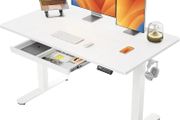 Electric Standing Desk 140 x 80 cm, Height Adjustable Desk, Sit Stand Table with Easy-Glide Drawer &amp; 4 Memory Smart Pannal, T-Leg Design for Stability, Splice Board, White Frame &amp; Surface