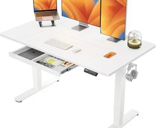 Electric Standing Desk 140 x 80 cm, Height Adjustable Desk, Sit Stand Table with Easy-Glide Drawer & 4 Memory Smart Pannal, T-Leg Design for Stability, Splice Board, White Frame & Surface