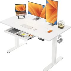 Electric Standing Desk 140 x 80 cm, Height Adjustable Desk, Sit Stand Table with Easy-Glide Drawer & 4 Memory Smart Pannal, T-Leg Design for Stability, Splice Board, White Frame & Surface