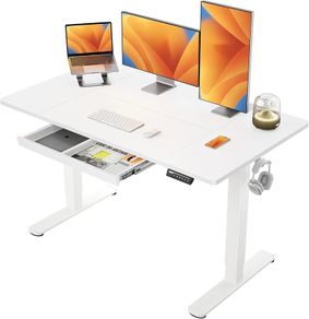 Electric Standing Desk 140 x 80 cm, Height Adjustable Desk, Sit Stand Table with Easy-Glide Drawer & 4 Memory Smart Pannal, T-Leg Design for Stability, Splice Board, White Frame & Surface