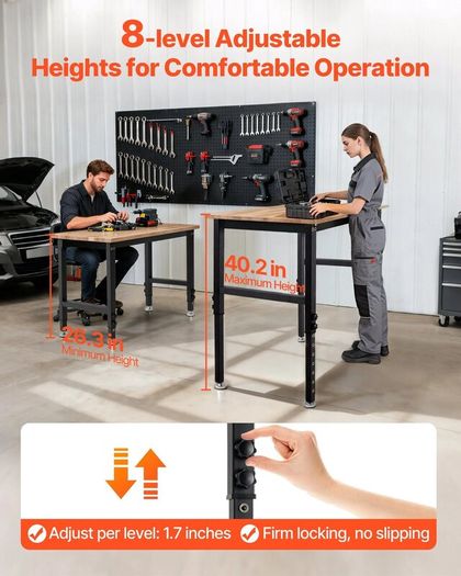 Heavy Duty Adjustable Workbench 680 kg Capacity Oak Wood Top Workbench with 67-102 cm Height Adjustment