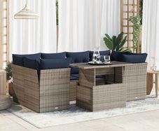 7 Piece Garden Sofa Set with Cushions Grey Poly Rattan Acacia