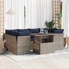 7 Piece Garden Sofa Set with Cushions Grey Poly Rattan Acacia