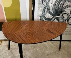 Mid-Century Modern Leaf Coffee Table  Chevron Wood & Gold Tips