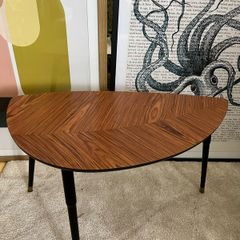 Mid-Century Modern Leaf Coffee Table  Chevron Wood & Gold Tips