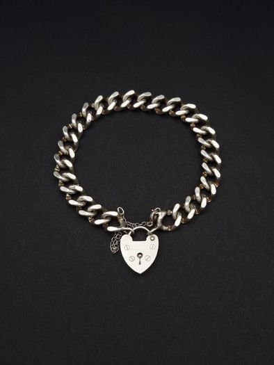 Signed Chunky Curb Chain Heart Padlock 925 Silver Bracelet