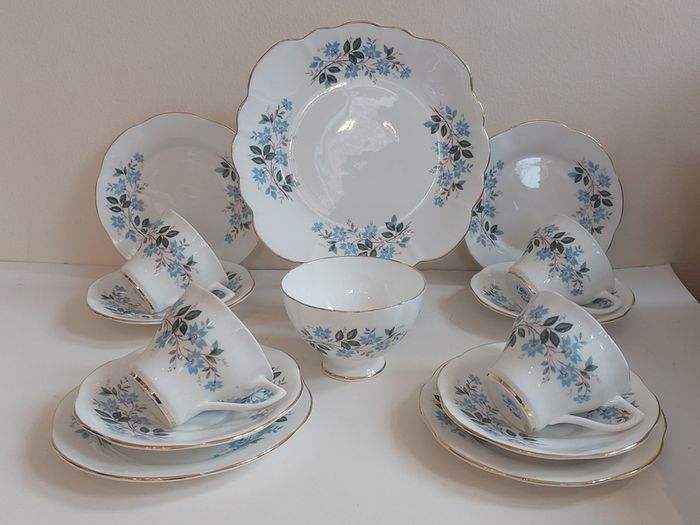 Beautiful Vintage Clare Bone China 14 Piece Teaset for Four in a Beautiful Blue Floral Pattern, Pattern Number 3045