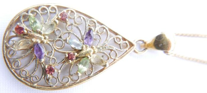 Vintage 18K Gold Plated Sterling Silver 925, Butterflies Crystal Oval Pendant Necklace, length 18" - 5,83g