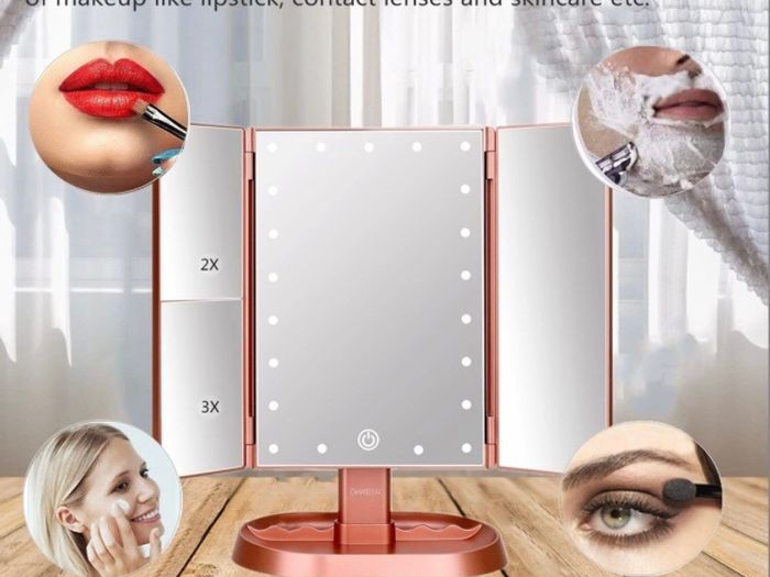 Makeup Mirror, Lighted Vanity Mirror with 1x/2x/3x Magnification, 21 LED Portable Trifold Mirror Touch Screen Dimming Dual Power, Illuminated Cosmetic Mirror for Countertop (MULTIPLE COLOURS)