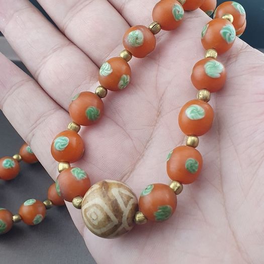 Vintage Venetian Style Orange Floral Glass With pumtek pyu Pendant Necklace