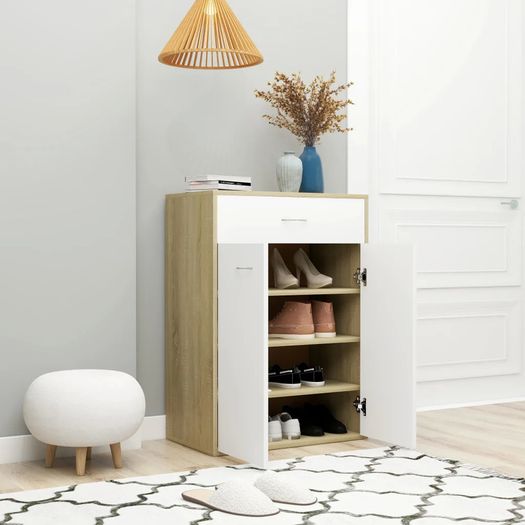 Shoe Cabinet White and Sonoma Oak 60x35x84 cm Chipboard