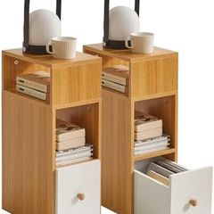 Bedside Table Set of 2, Small Narrow Nightstand