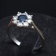 Vintage 14K White Gold Sapphire & Diamond Cluster Ring Hallmarked  Size 52.5