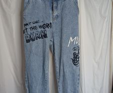 MNWKA Mishka NYC Graffiti Denim Jogger Jeans Let The World Burn Blue Tapered Size Small Y2K