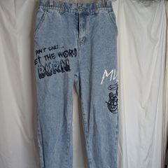 MNWKA Mishka NYC Graffiti Denim Jogger Jeans Let The World Burn Blue Tapered Size Small Y2K