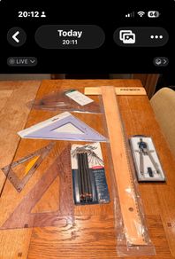 Technical Drawing with compass pencils 45 and 60 degree set squares and adjustable set square and wooden tee square