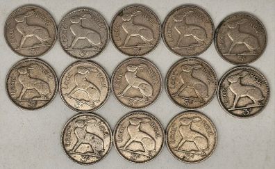 Ireland 1928-1967 3d Threepence Coin Lot 13 Coins Mixed Date and Grades