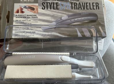 Portable, battery-operated manicure system designed for travel.