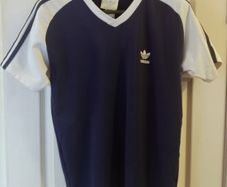 Classic vintage 90's Adidas V Neck T shirt Navy Blue and White Britpop/Oasis