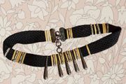 Vintage 1980s vampy statement waist belt woven black fabric with metal gold pewter silver links, adjustable S M 10 12 14 whimsygoth pin up burlesque