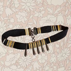 Vintage 1980s vampy statement waist belt woven black fabric with metal gold pewter silver links, adjustable S M 10 12 14 whimsygoth pin up burlesque