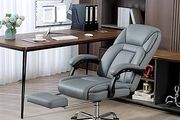 Office Chair, Reclining Executive Desk Chair with Spring Cushion, PU Leather, High Back, Footrest, Adjustable Height, Swivel Wheels, Grey