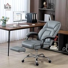 Office Chair, Reclining Executive Desk Chair with Spring Cushion, PU Leather, High Back, Footrest, Adjustable Height, Swivel Wheels, Grey