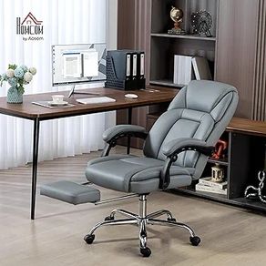 Office Chair, Reclining Executive Desk Chair with Spring Cushion, PU Leather, High Back, Footrest, Adjustable Height, Swivel Wheels, Grey