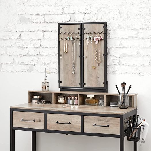 Dressing table, dressing table with 3-part folding mirror, hairdryer holder, cosmetic table with upholstered stool, 3 drawers, industrial design, greige black