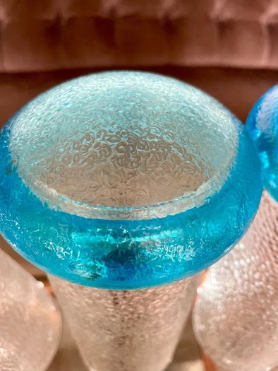 Set of Glass Genie Bottles with Turquoise Blue Flame Stoppers and Tall Containers with Mushroom Lids MCM Retro