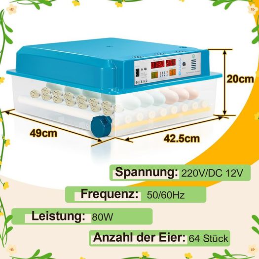 64-Egg Fully Automatic Incubator with Auto Turning and LED Egg Candler