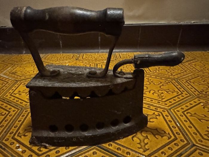 Antique Cast Iron Charcoal Clothes Iron with Wooden Handles
