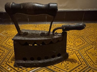 Antique Cast Iron Charcoal Clothes Iron with Wooden Handles